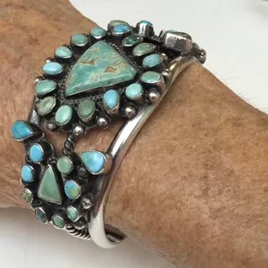 Navajo Indian 70 grams Sterling Silver Turquoise Cluster Bracelet Signed thumbnail 16