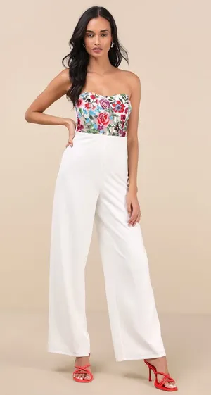 New Lulus Remarkable Energy White Floral Embroidered Strapless Jumpsuit MSRP $99 thumbnail 1