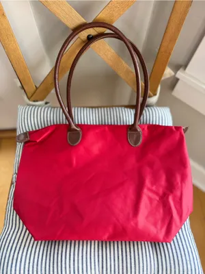 Vintage Classic Preppy Red Nylon Zippered Tote Bag w Brown Leather Handles thumbnail 7