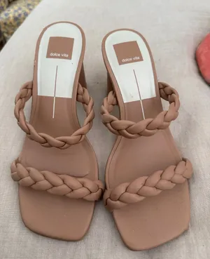 Dolce Vita Braided Two-Strap Heeled Slides in Taupe thumbnail 1