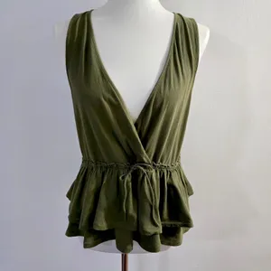 J.Crew Peplum Wrap Top Large Olive Green Cotton Tiered Ruffle Sleeveless V-Neck thumbnail 2