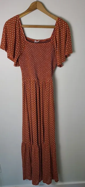 Ember Med Rust Orange Polka Dot Smocked Maxi Dress Flutter Sleeve Cottage Boho thumbnail 1