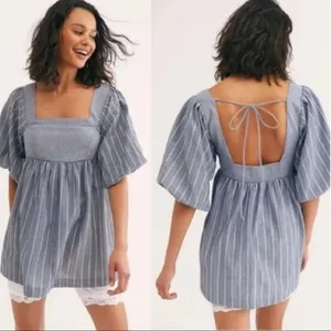 Free People Gigi Puff Sleeve Tunic Top Striped Boho Peasant NWOT thumbnail 8