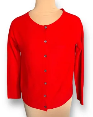 Vintage Bright Cherry Red Ribbed Knit Button Front Round Neck‎ Cardigan Sweater thumbnail 1