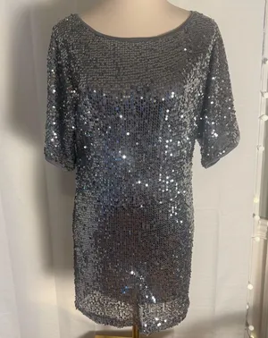 BKE Boutique Silver Sequin Mini Dress Short Sleeve Party Cocktail Size M thumbnail 1