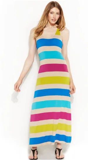 Calvin Klein Women's 8 Multicolor Scoop Neck Racerback Striped Maxi‎ Dress #Y6-1 thumbnail 1