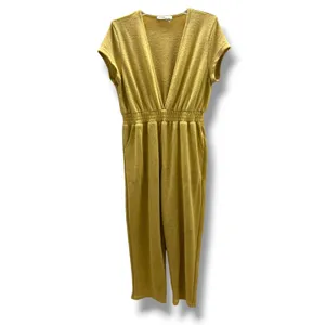 Vada Winter‎ x Maverick Jumpsuit L Mustard Yellow Knit Smocked V Neck Pockets thumbnail 2
