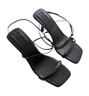 Zara Square Toe Black Leather Strappy Heeled Sandals size 38 (7.5) thumbnail 1