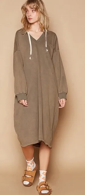 POL Vintage Washed V-Neck Long Sleeve French Terry Hoodie Lounge Dress Taupe thumbnail 1