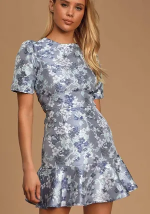 Lulus Blue Floral Jacquard Ruffled Skater Dress thumbnail 1