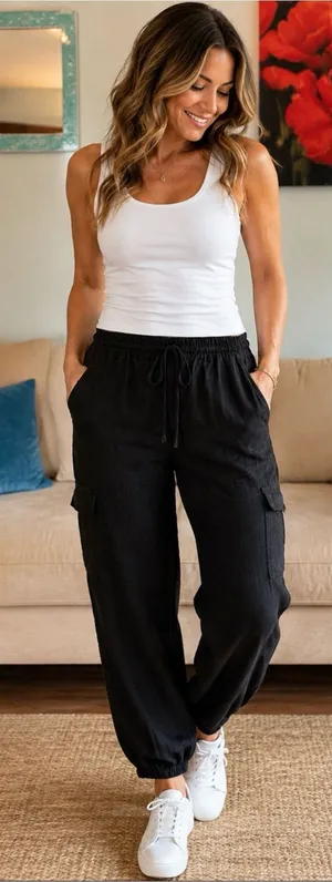 Love Tree Cargo Linen Pants Womens L Large Trousers High Rise Jogger Black thumbnail 1