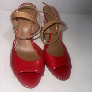 Tory Burch Red Patent Leather Cork Wedge Ankle Strap Peep Toe Sandals size 7.5 M thumbnail 3