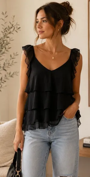 Cupcakes and Cashmere Black Tiered Ruffle Cami Flutter Strap Top Size‎ Medium thumbnail 1
