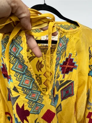 Biya Johnny Was golden Yellow Embroidered Boho long sleeve Top L blouse geometri thumbnail 9