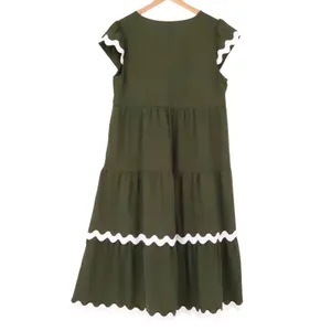 BTFBM Ric Rac Tiered Midi‎ Dress Womens Size L Olive Green Boho Cottage Pockets thumbnail 4