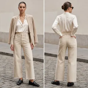 ZARA The Marine Straight High Rise Jeans Women 4 Beige Raw Hem Wide Leg Denim thumbnail 2