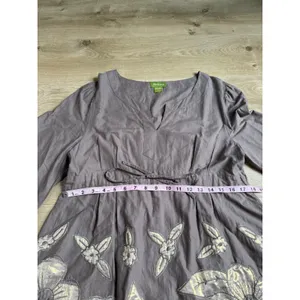 Vintage Femme tunic drawstring waist cotton embroidered flowers brown size L thumbnail 7