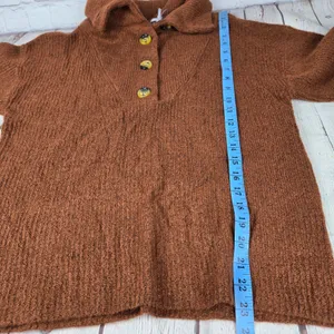 Marled True Auburn Balloon Sleeve Fold Over Collar Button Neck Sweater Small thumbnail 10