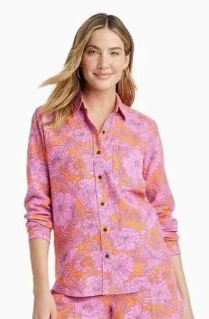 Universal Thread Orange & Pink Floral LS Relaxed Fit Button Up Shirt Women’s XXL thumbnail 1