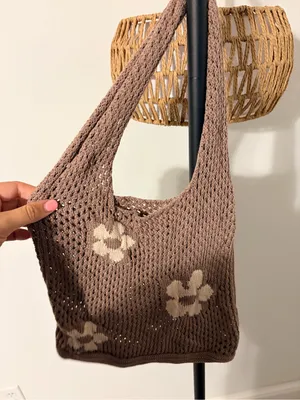 Brown Crochet Shoulder Bag with Cream Floral Details thumbnail 4