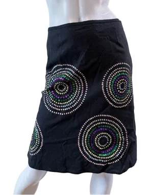 Y2K Sequin Embellished Medallion Linen A Line Shiny Tradwife Skirt SZ 4 US thumbnail 1