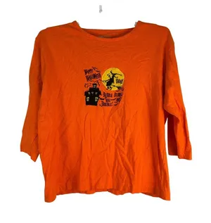 Banyan Tree Designs Halloween Orange Shirt Witch & Haunted House Women’s M thumbnail 1