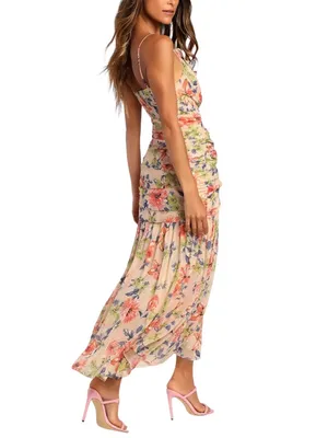 Lulu's Stunning Soiree Blush Pink Floral Chiffon Ruched Midi Dress MEDIUM thumbnail 2