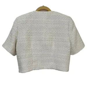 Abercrombie & Fitch Cream Short-Sleeve Cropped Tweed Blazer Jacket M thumbnail 6
