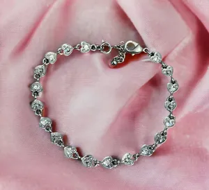 RN Signed Rhinestone Heart Link Bracelet Silver thumbnail 1