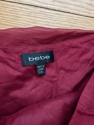 Bebe vintage y2k silk Asymmetrical Ruffle Cheerleader Layer High Low Maroon Chiffon tie belt Women's mini Skirt Size M thumbnail 2