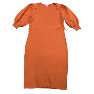 Betsey Johnson Knit Sweater Dress Fall Burnt Orange Puff Sleeve Midi L thumbnail 2