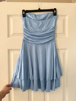 Merokeety BNWT Light Blue Strapless Ruched Waist Tiered Mini Dress thumbnail 4