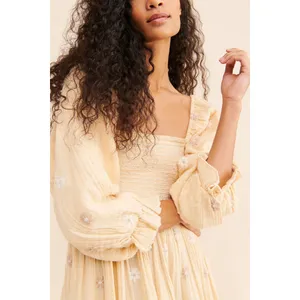 Free People Dahlia Embroidered Maxi Dress Sand Gauzy Smocked Size Small Cotton thumbnail 13