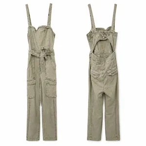 Free People FP Go West Olive Green Utility Cargo Denim Relaxed Leg Jumpsuit XS thumbnail 7