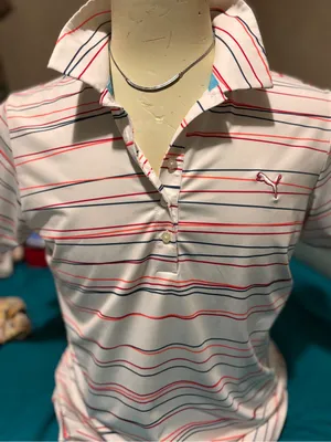 PUMA women’s White Striped Polo Shirt with fuscia, orange &Navy Accents size XL thumbnail 1