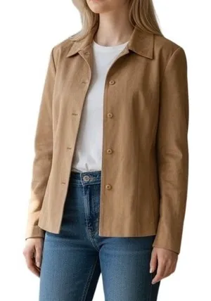 Vintage Talbots Faux Suede Jacket Womens Camel‎ Tan Button Front Blazer Lined thumbnail 1