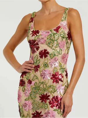 Mac Duggal 6124 Beige Floral Beaded Scoop Neck Midi Dress sz 4 thumbnail 2