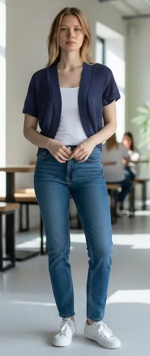 Navy Blue Pointelle Knit Short Sleeve Top Textured Crochet Style‎ Ribbed Sweater thumbnail 1