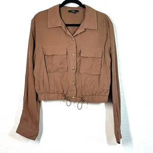 L Lulus Eldora Brown Cropped Utility Jacket Full Zip Top Safari Women's thumbnail 3