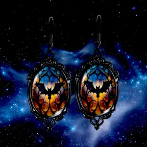 Vintage Cameo Style Gothic Bat Earrings‎ Glass Encased Alloy & Iron Hook thumbnail 3