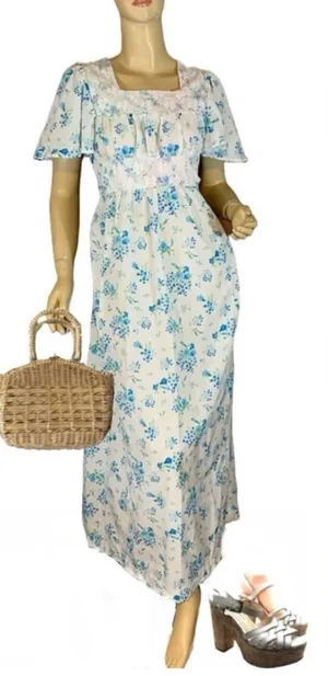 Vintage Circa 1970'S White W/Blue Floral Print Empire Waist Maxi Dress (S) thumbnail 1