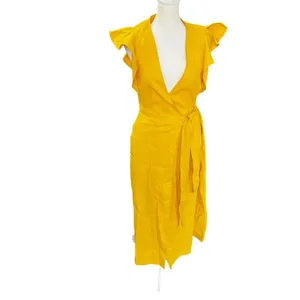 A.L.C. Walker Yellow Linen Blend Wrap Midi Dress Ruffle Sleeve Size 4 thumbnail 8