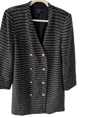 Ann Taylor Tweed Longline Blazer Coat Navy Golden Brown Stripe Size 8 thumbnail 10