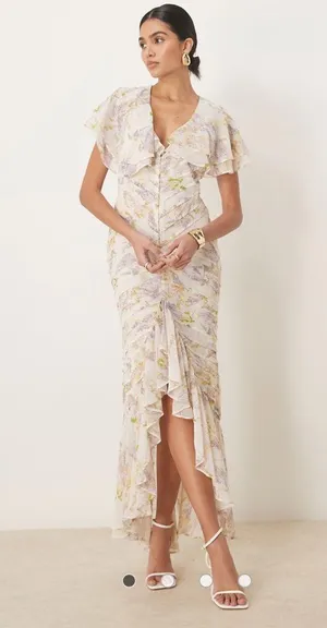 ASOS DESIGN pintuck maxi dress with cape flutter sleeves in wisteria floral prin thumbnail 1