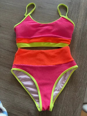Pink Lily Neon Color Block Bikini thumbnail 1