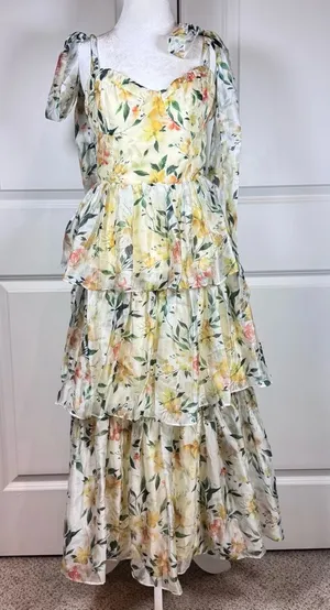 Lulus Yellow Floral Tiered Maxi Dress M Cottagecore Wedding Guest Chiffon NWT thumbnail 1