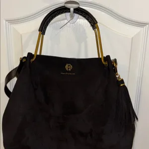 House Of Harlow 1960 Black Suede Bag W/ Shoulder Strap Gold/Brass Toned Handle thumbnail 6