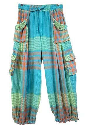 Free People Crafted Cargo Pants Blue Plaid Wide Leg Beachy Boho Size XS thumbnail 1