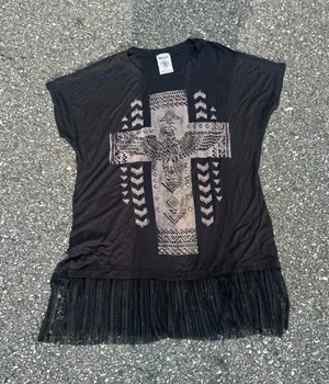 Y2K Vocal Womens XL Black Rhinestone Cross Eagle Fringe Hem T-Shirt Western Boho thumbnail 1