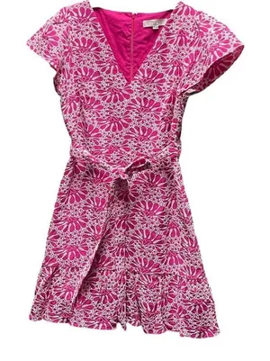 Loft size 8 heavily embroidered fit n flare ruffle cap sleeves dress thumbnail 1